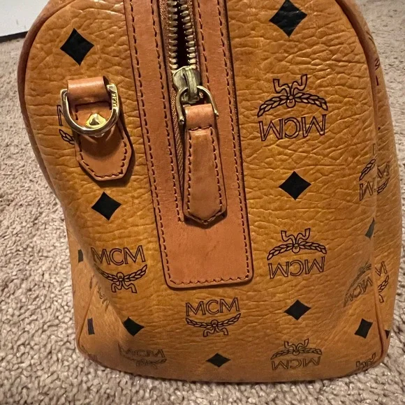 MCM Cognac Visetos Coated Canvas Heritage Boston Bag.